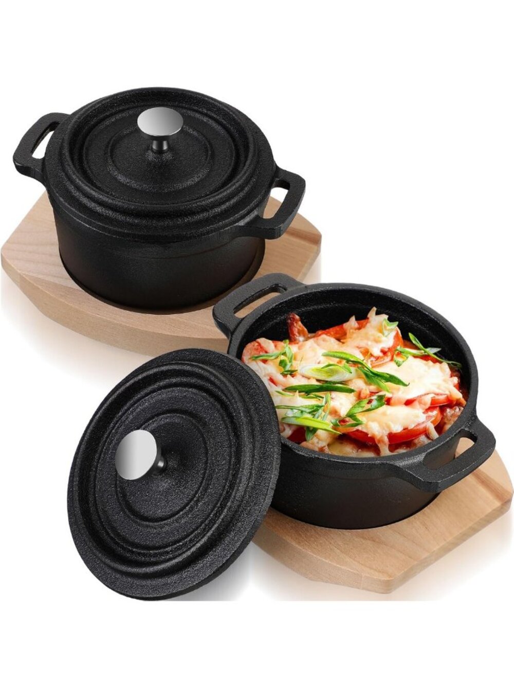 Set of 2 Mini Dutch Ovens - 17 oz Cast Iron Pots with Lid & Wood Base